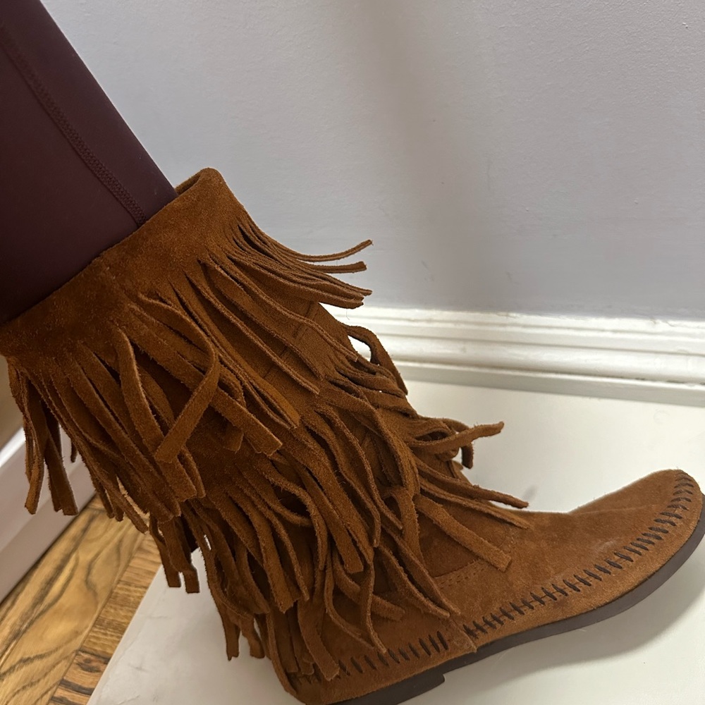 MINNETONKA Brown Suede 3 Layer Calf High Fringe Moccasin Boots